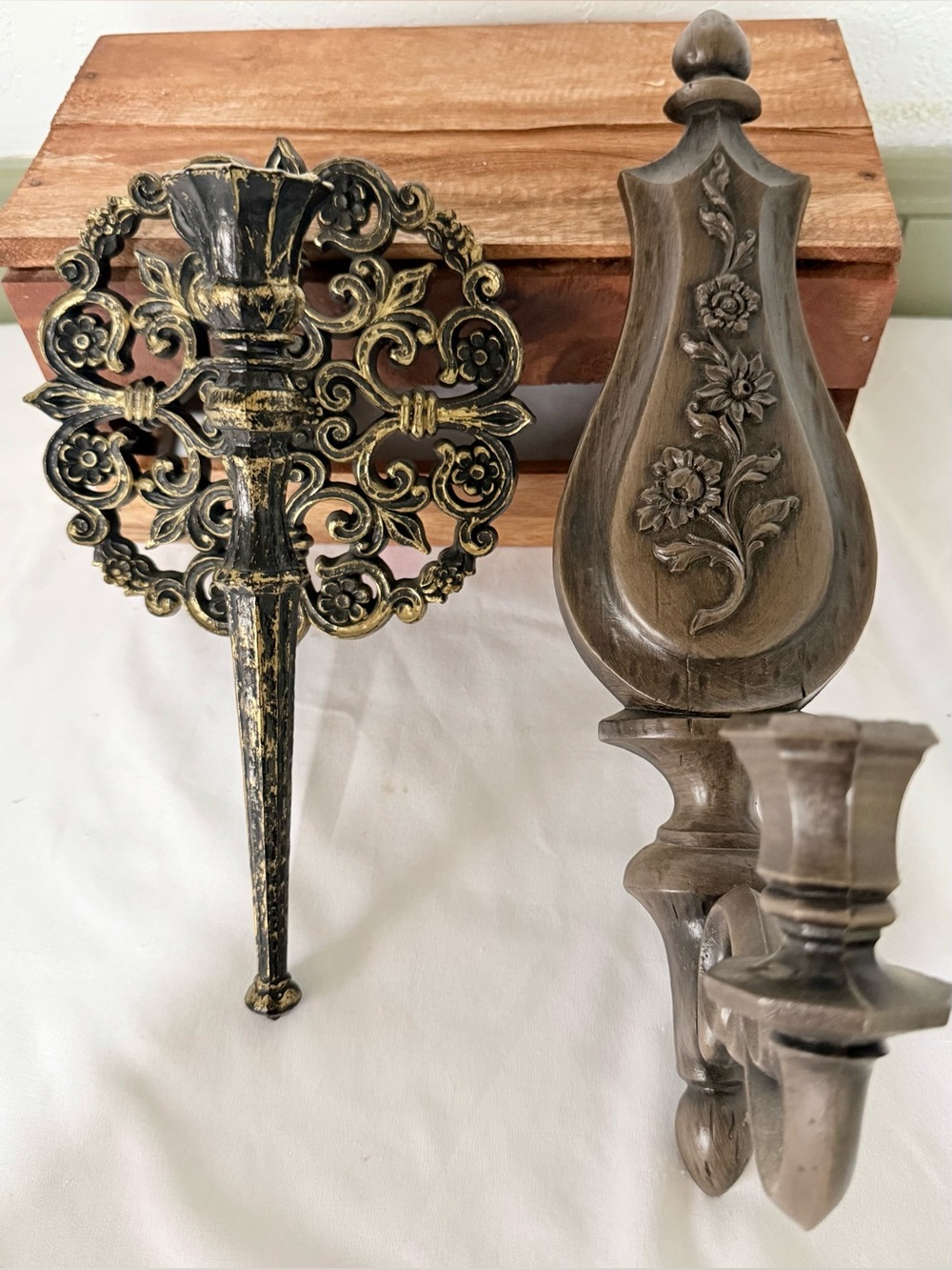 VTG MCMXVI Dart IND #4015 & MCM HOMCO Faux Wood Candle Sconces Made In USA